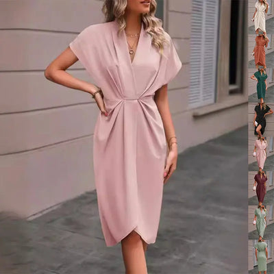 Summer Batwing Sleeve Dress Fashion V-neck Short Sleeve Pleated Dresses Womens Clothing My Store