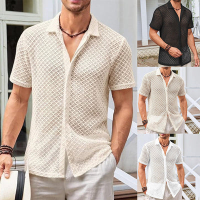 Summer Mesh Short Sleeve Shirt Fashion Solid Color Lapel Shirt Tops Beach Men Clothing My Store