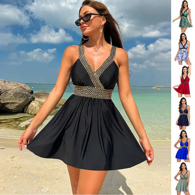 V-neck Printed Swimsuit Dress Summer Beach Vacation Bikini Fashion Womens Clothing My Store