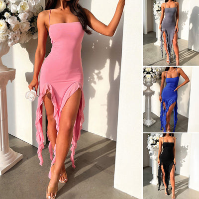 Sexy Suspender Tight Slim Skirt Fashion Split Ruffle Design Dress Summer Womens Clothing My Store